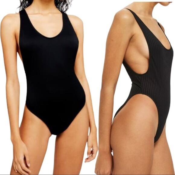 Topshop Other - Topshop Black Ribbed Deep Scoop Back One Piece Swimsuit Women's Size 4